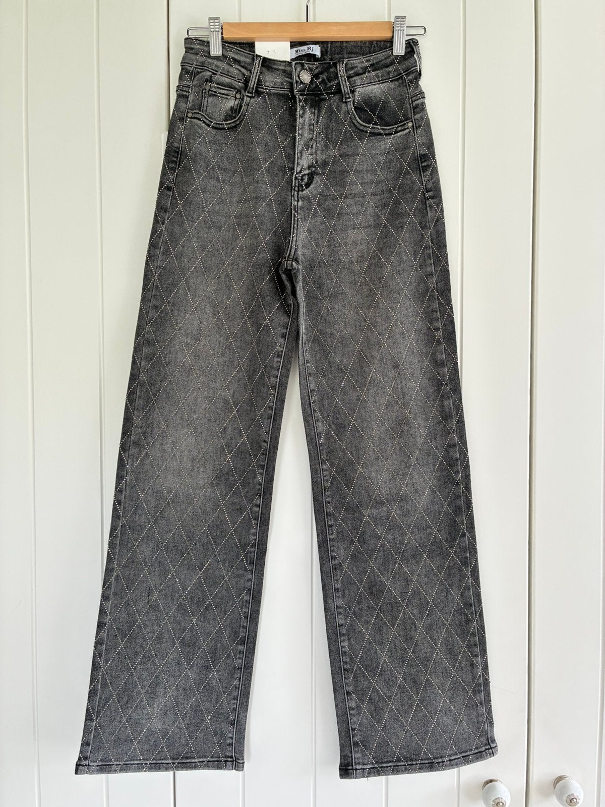 Miss RJ Wide Leg Jeans Grijs Zwart Strass Glitters M /36-38), Verzenden, Nieuw, Grijs, W30 - W32 (confectie 38/40)