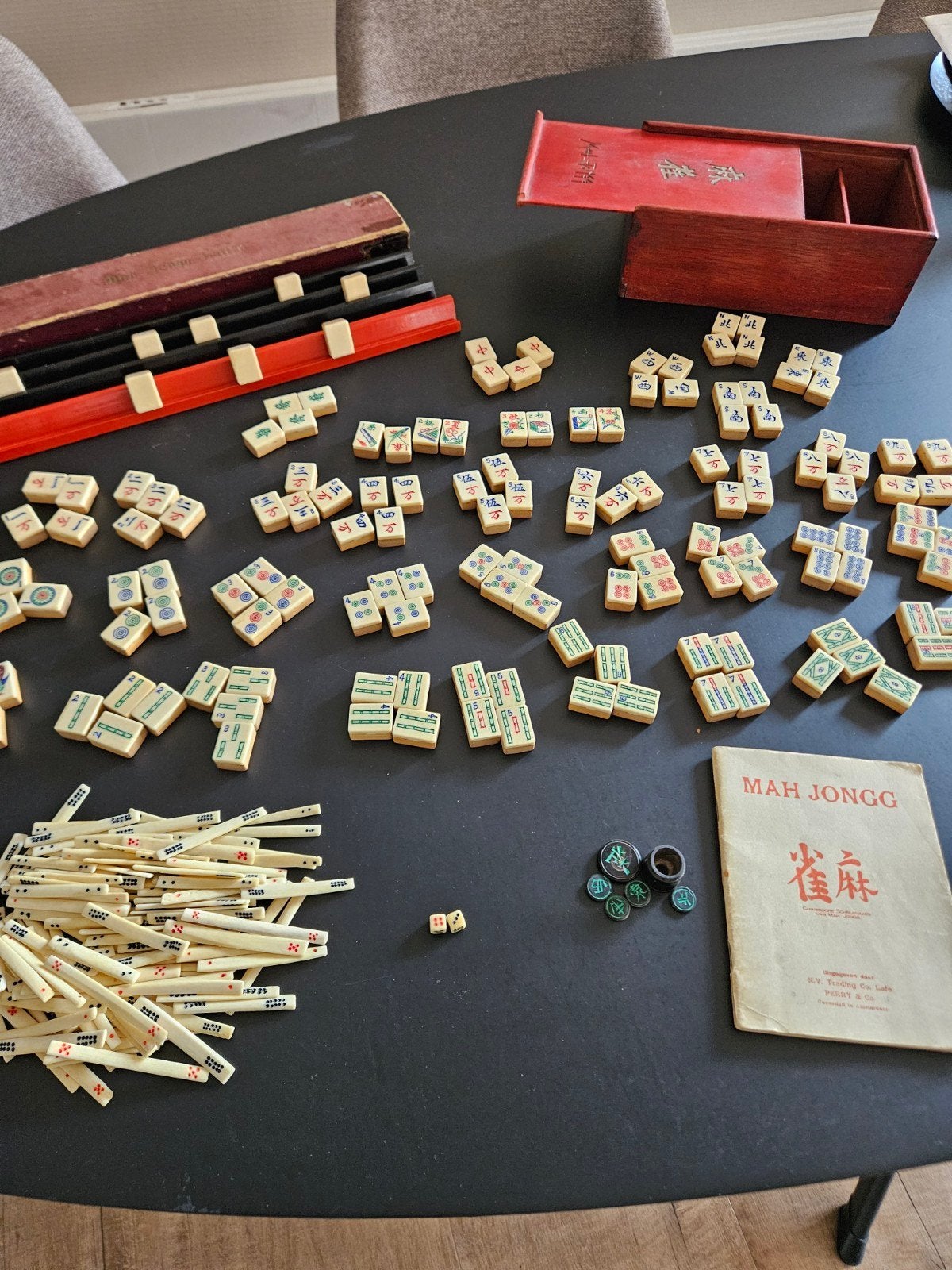 Vintage Mahjong spel met houten kist en NL handleiding, Ophalen of Verzenden