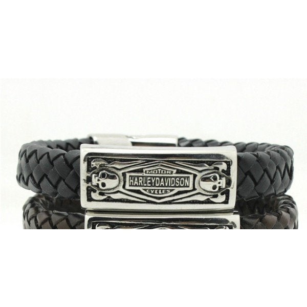 Harley armband, leer gevlochten /RVS, B&S skull, 21 cm, nw., Ophalen of Verzenden, Nieuw zonder kaartje, Overige typen