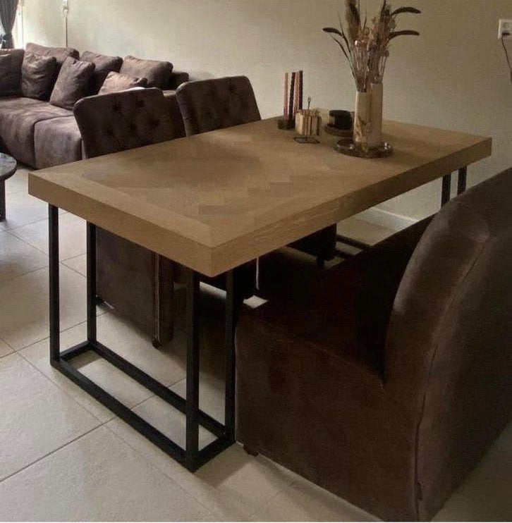 Zelfgemaakte visgraat eettafel 200x100 cm, Ophalen, 100 tot 150 cm, Eikenhout, Nieuw