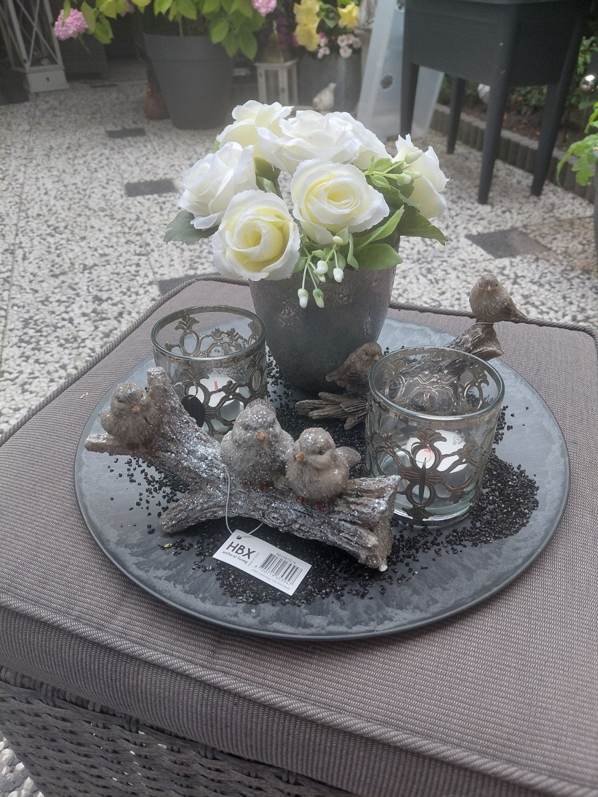 Decoratieve schaal met vogels en theelichthouders, Huis en Inrichting, Ophalen of Verzenden, Grijs, Steen/keramiek, Landelijk