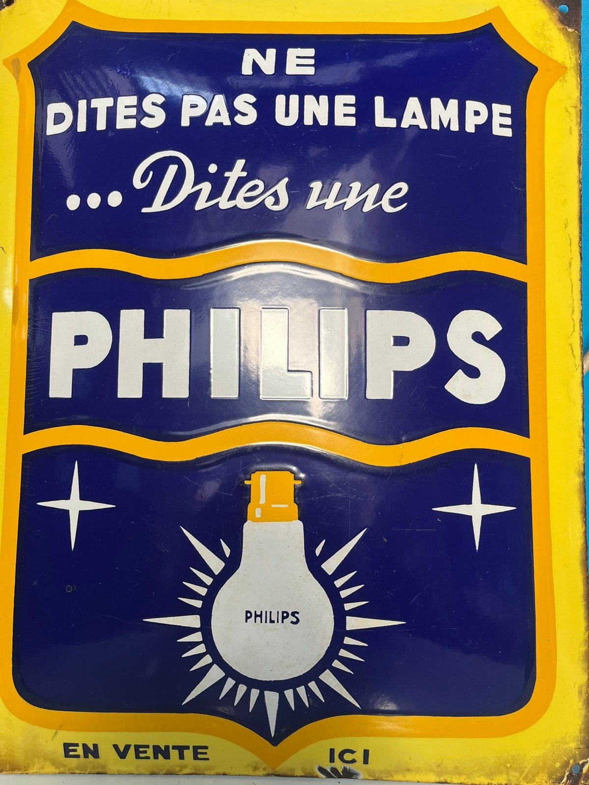 Emaille teclamebord Philips en vente ici uit frankrijk, Ophalen, Zo goed als nieuw, Reclamebord
