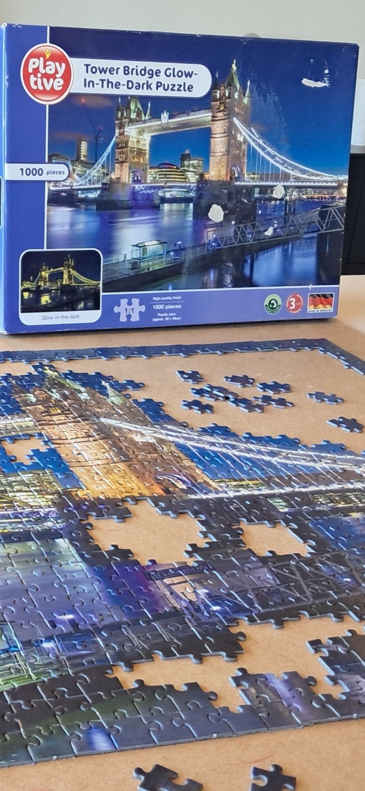 Playtive Tower Bridge Glow-in-the-Dark Puzzel 1000 stukjes, Hobby en Vrije tijd, Ophalen, 500 t/m 1500 stukjes, Zo goed als nieuw
