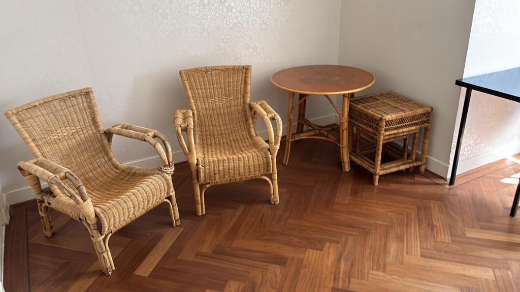 Rotan fauteuils, tafel en bijzettafel set, Ophalen