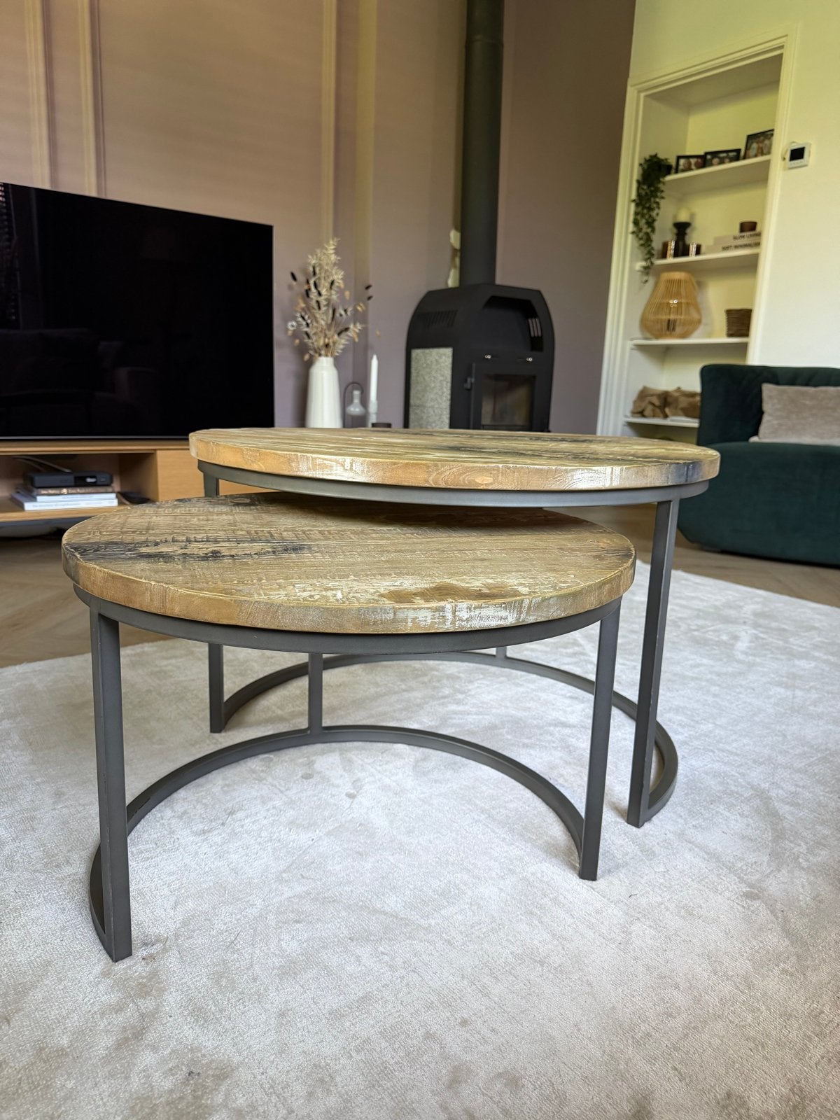 Set van 2 ronde salontafels, hout en metaal, Huis en Inrichting, Tafels | Salontafels, Ophalen, Gebruikt, Rond, 50 tot 100 cm