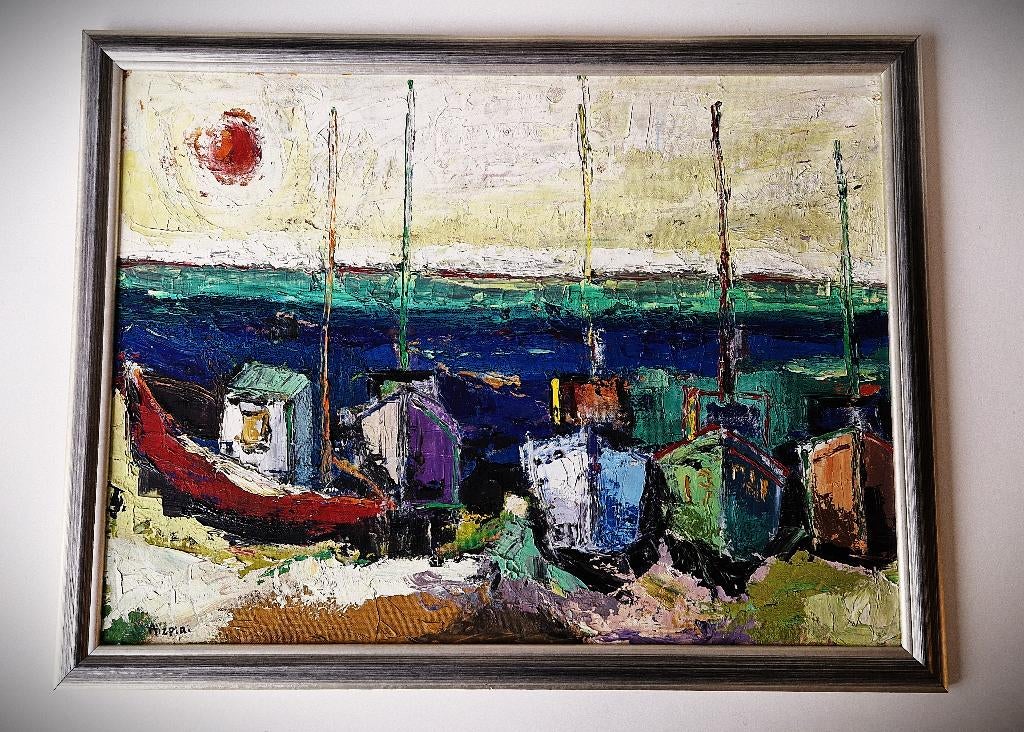 jaren 50 olieverf op board "mediterrane haven" gesigneerd, Antiek en Kunst, Kunst | Schilderijen | Klassiek, Ophalen of Verzenden
