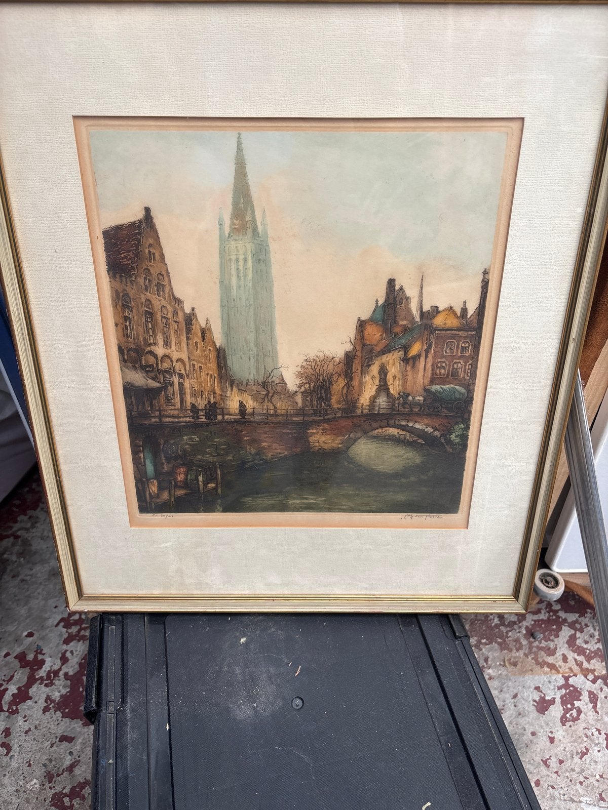 Oude prent van Brugge, gesigneerd door C. van Neste, Antiek en Kunst, Ophalen of Verzenden, Gesigneerd