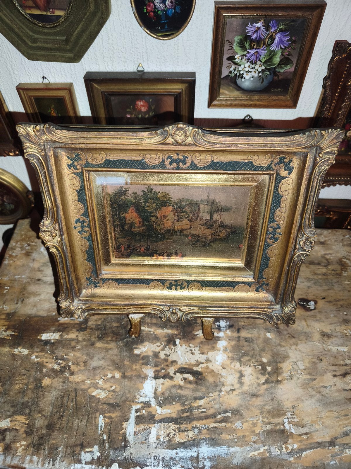 oud schilderijtje schilderij lijst stilleven landschap Y37, Ophalen of Verzenden