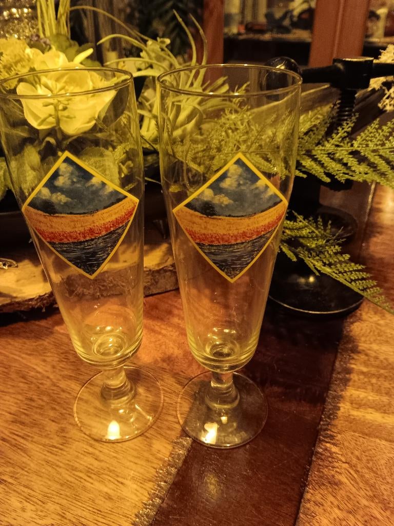 2 vintage heineken glazen met van gogh print, Ophalen, Zo goed als nieuw, Glas of Glazen, Heineken