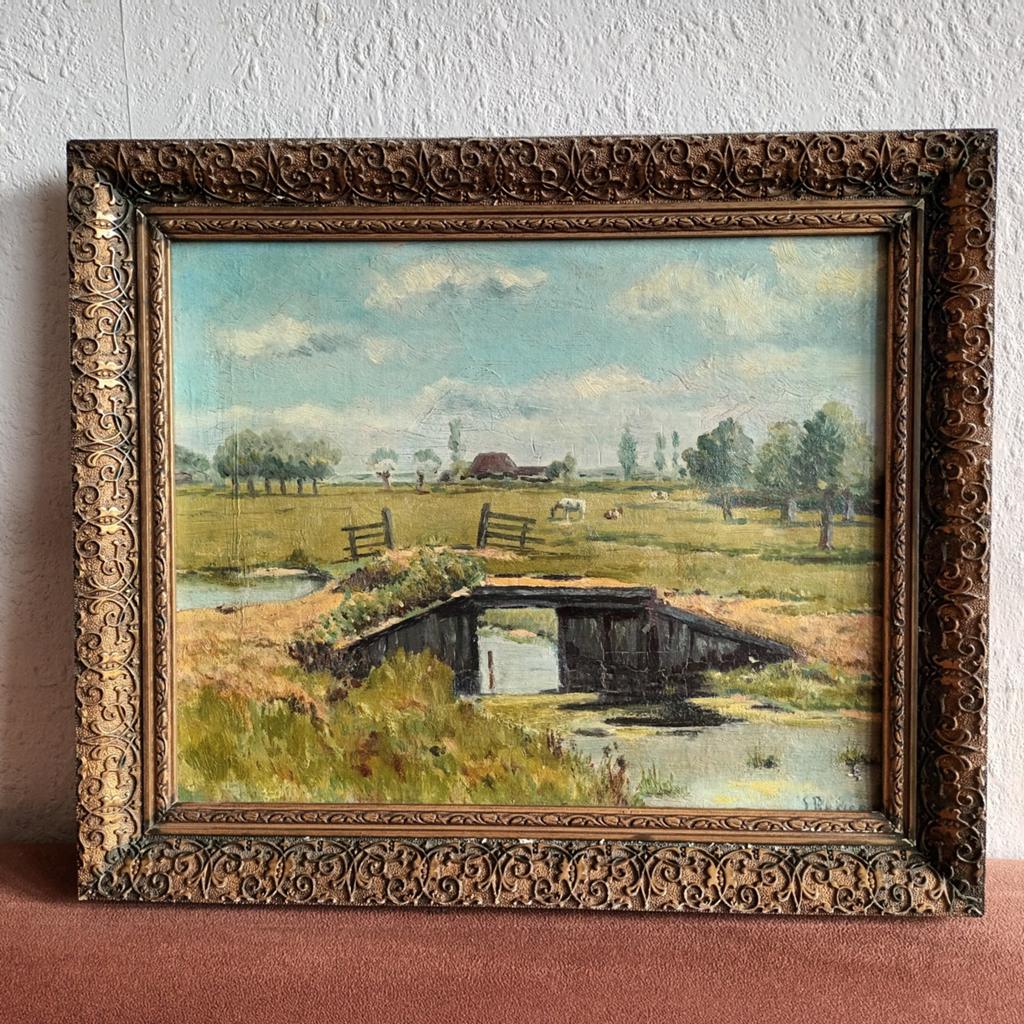 Hollands landschap met koeien, olieverf op doek, gesigneerd, Ophalen of Verzenden