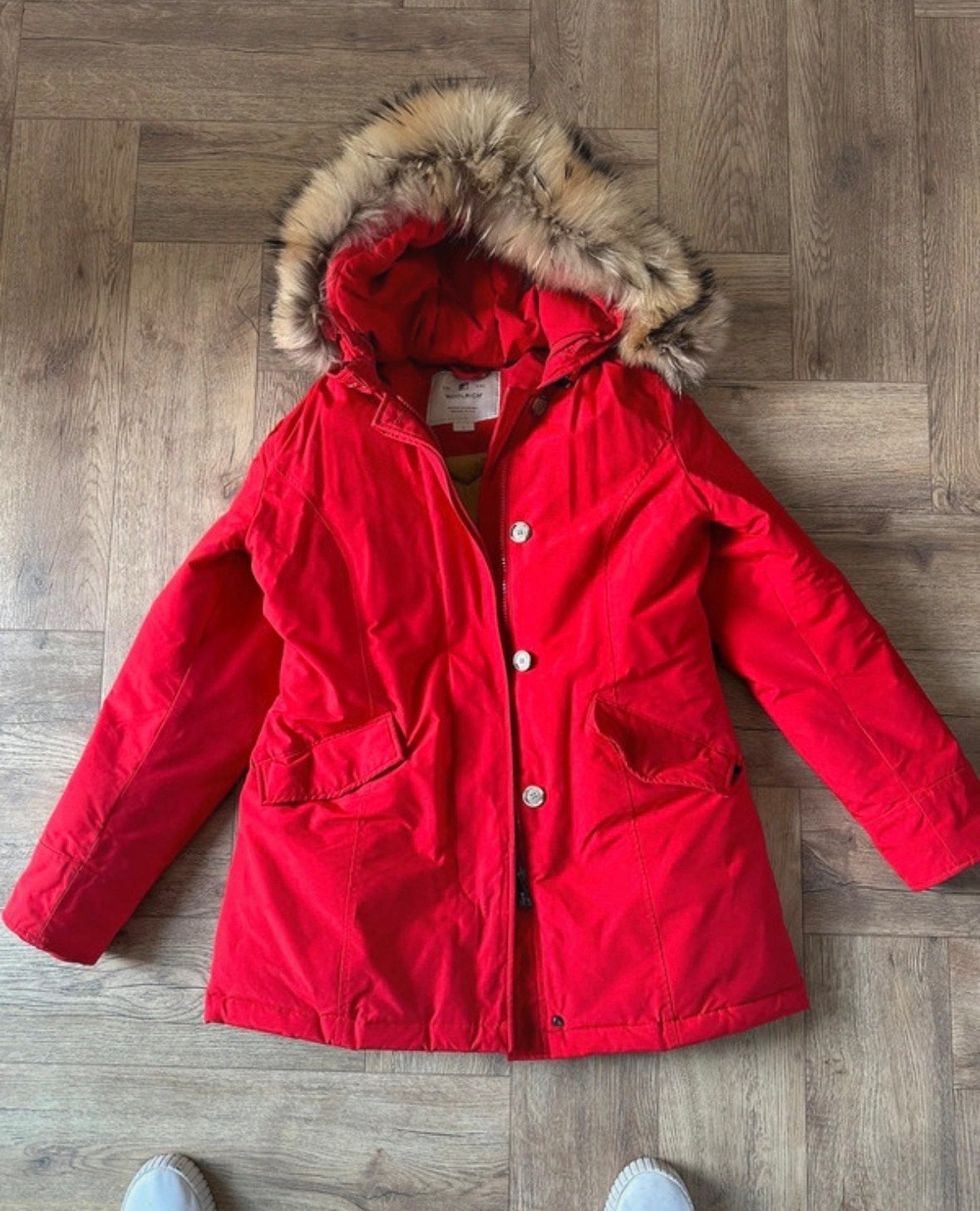 Rode Woolrich jas met bontkraag - Maat L, Kleding | Dames, Jassen | Winter, Ophalen, Gedragen, Maat 42/44 (L), Rood
