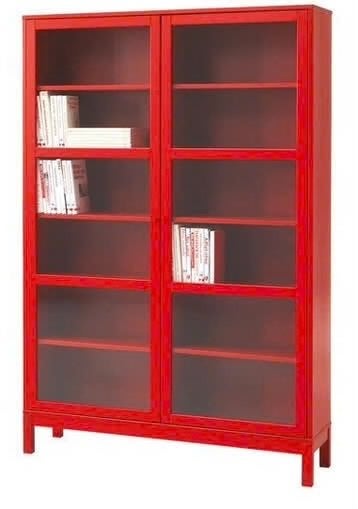 IKEA Linnarp Vitrinekast - Rood Grenenhout, Huis en Inrichting, Ophalen, 100 tot 150 cm, 200 cm of meer, Zo goed als nieuw