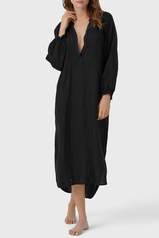 MR MOOD Maxi Jurk Linnen Zwart Maat L met Pofmouwen, Verzenden, Zwart, Maat 42/44 (L), Nieuw