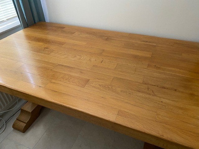 Zware eikenhouten tafel/bureau 150x90 cm met dik blad, Gebruikt, 100 tot 150 cm, Robuust, Landelijk, Eikenhout