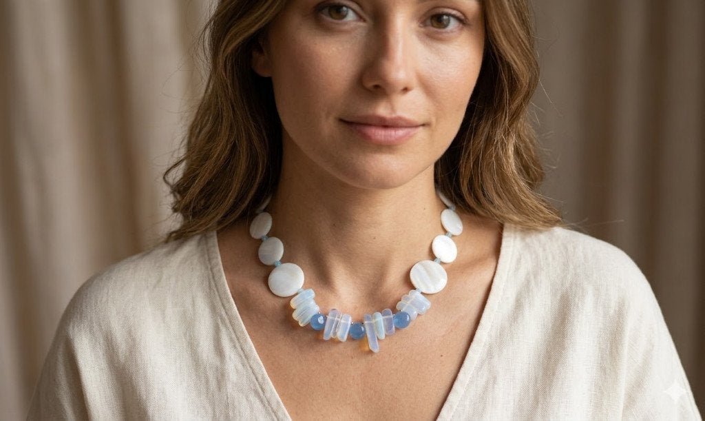 Prachtige Ketting Unieke Chalcedoon Stenen Parel Opaliet, Ophalen of Verzenden, Nieuw, Blauw, Steen of Mineraal