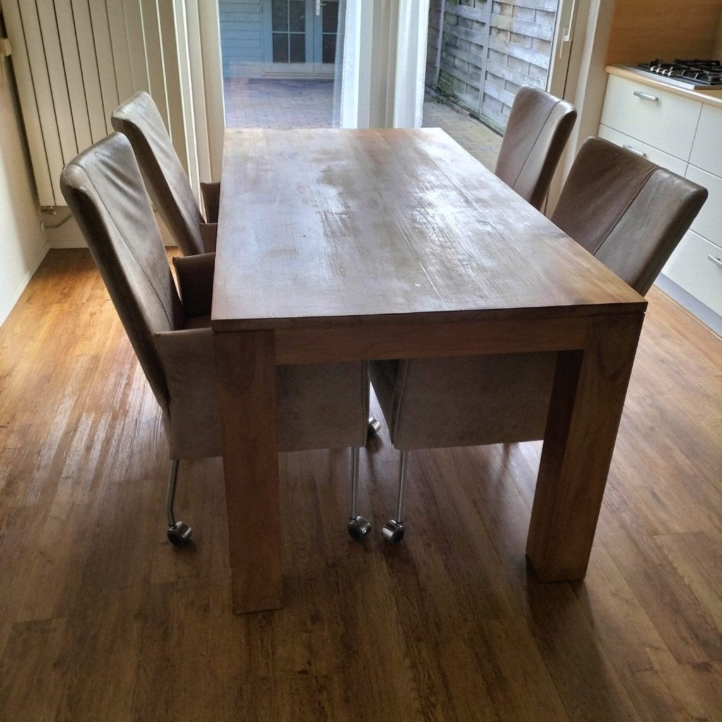 Complete Eetkamerset: Massief Houten Tafel met 4 Stoelen, Ophalen, Gebruikt, Warm & Natuurlijk (Landelijk / Rustiek),, 4 tot 6 stoelen