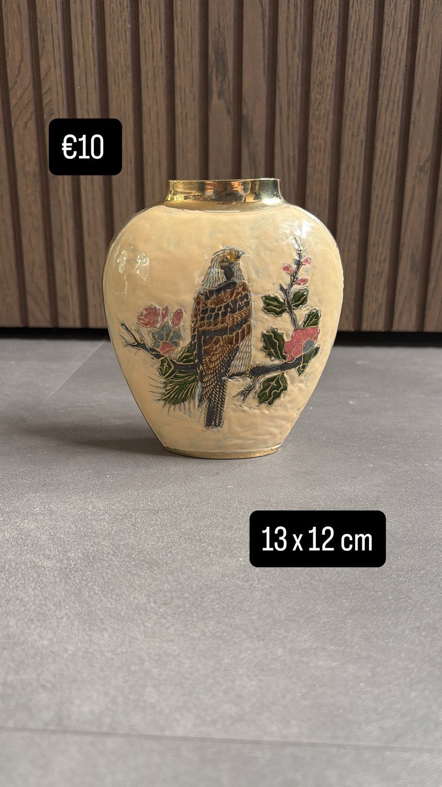 Vintage vaas met vogel- en bloemendecoratie – 13 x 12 cm, Ophalen of Verzenden