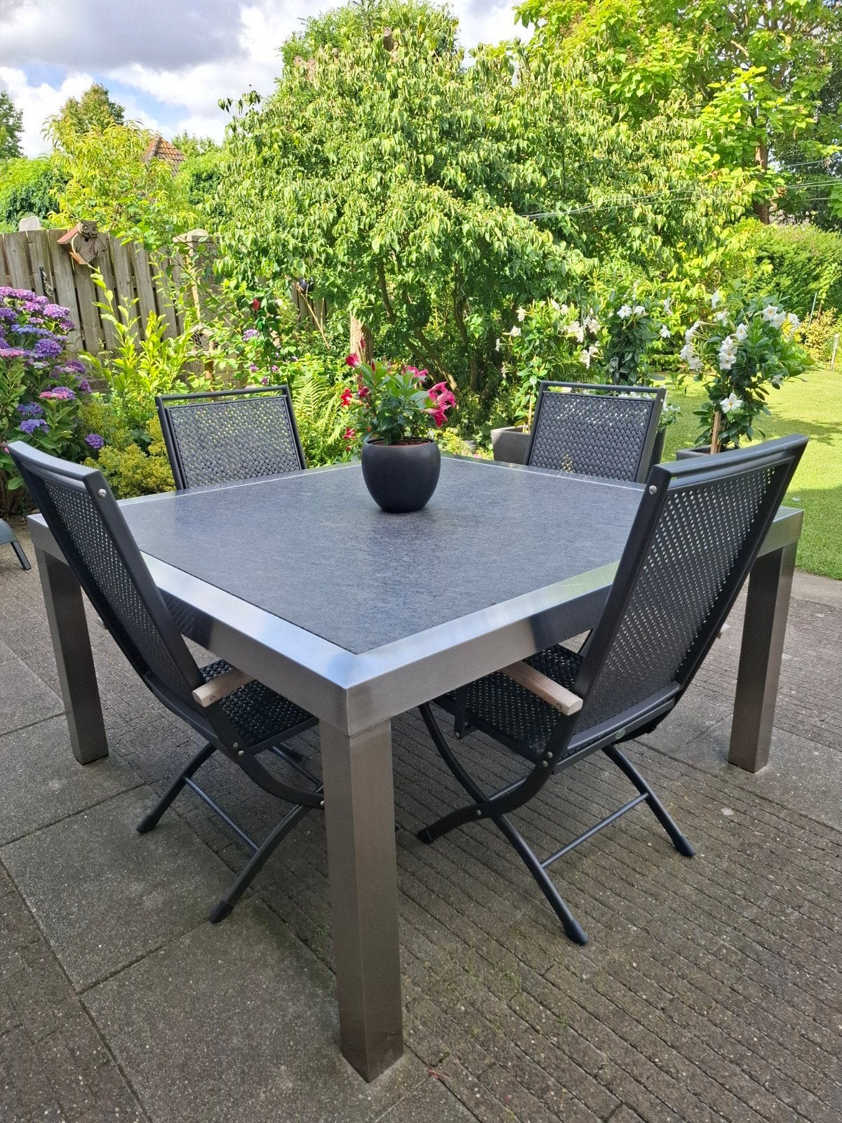 Super mooi tuinsetje RVS tafel Natuurst.blad 4 R.G.tuinstoel, Ophalen, Rvs, Eettafel, 8 zitplaatsen