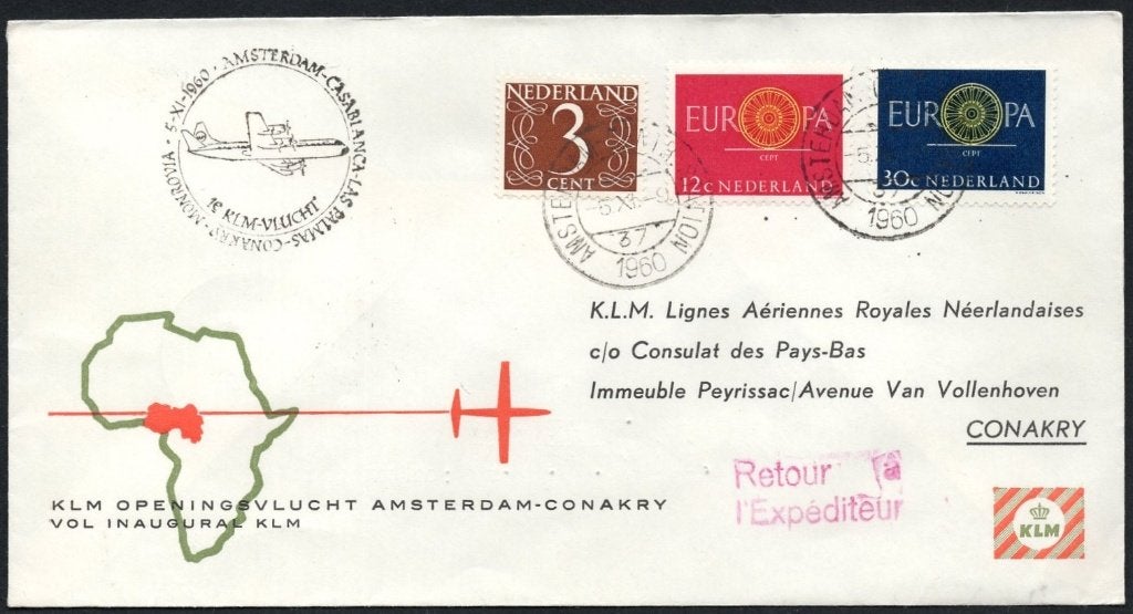 1e KLM vlucht Conakry Rep. Guinee1960, Postzegels en Munten, Brieven en Enveloppen | Nederland, Verzenden, Envelop