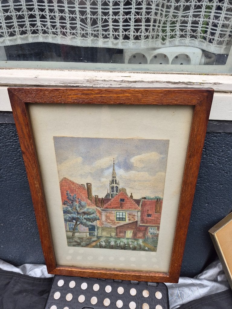 Haarlems hofje, Jos Van den Abeele met de toren van Grote ke, Antiek en Kunst, Ophalen, Paneel, Bijzondere lijst, Stads- / dorpsgezicht