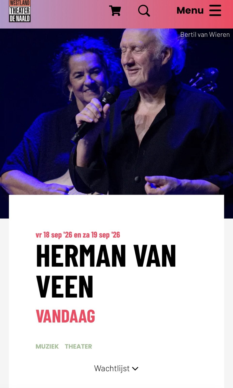 2 Tickets Herman van Veen Naaldwijk 18 sep, Twee personen, September
