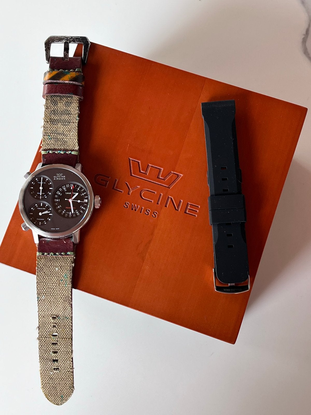 Glycine Airman 7 GMT automatisch horloge, Leer, Staal, Polshorloge, Zo goed als nieuw