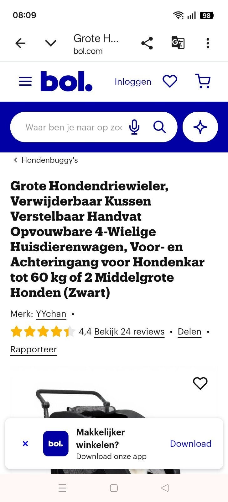 grote hondenbuggy model fietskar, Ophalen, Zo goed als nieuw