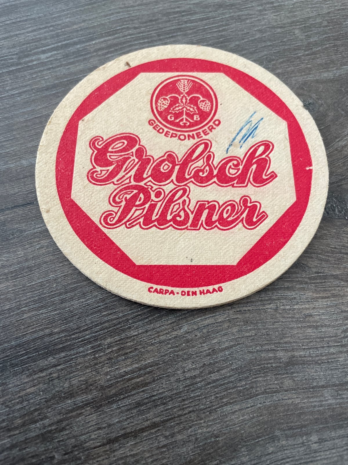 Oud Grolsch Pilsner bierviltje - Vintage verzamelobject, Verzamelen, Ophalen of Verzenden, Gebruikt, Viltje(s), Grolsch