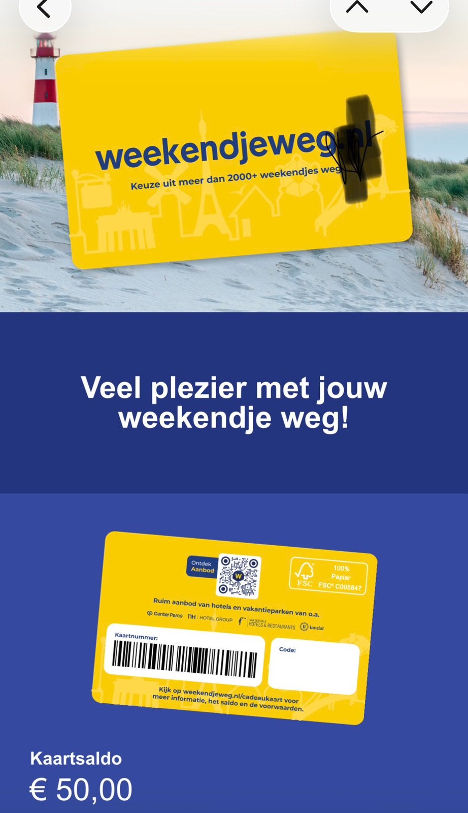 Weekendjeweg cadeaubon twv €50, Eén persoon, Cadeaubon