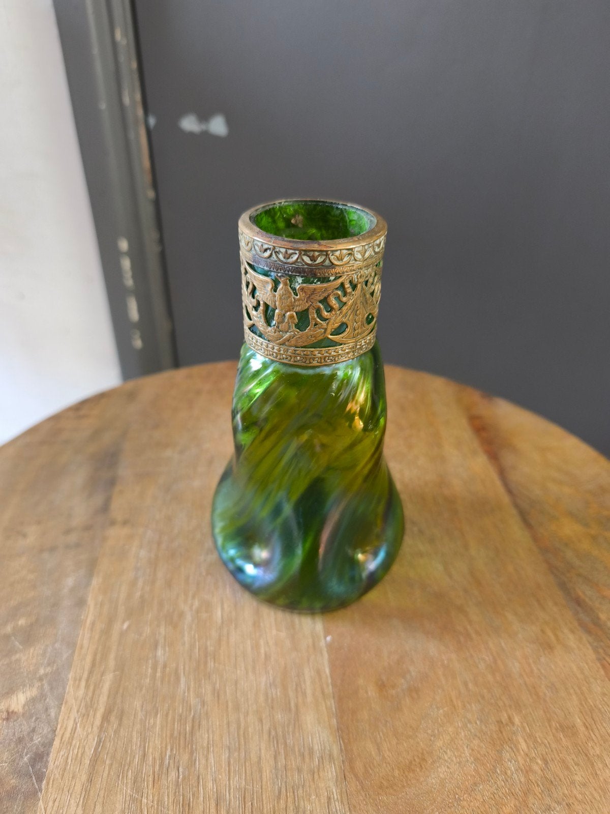 Loetz Kralik Art Nouveau Vaas - Groen Glas met Metaal, Antiek en Kunst, Ophalen of Verzenden