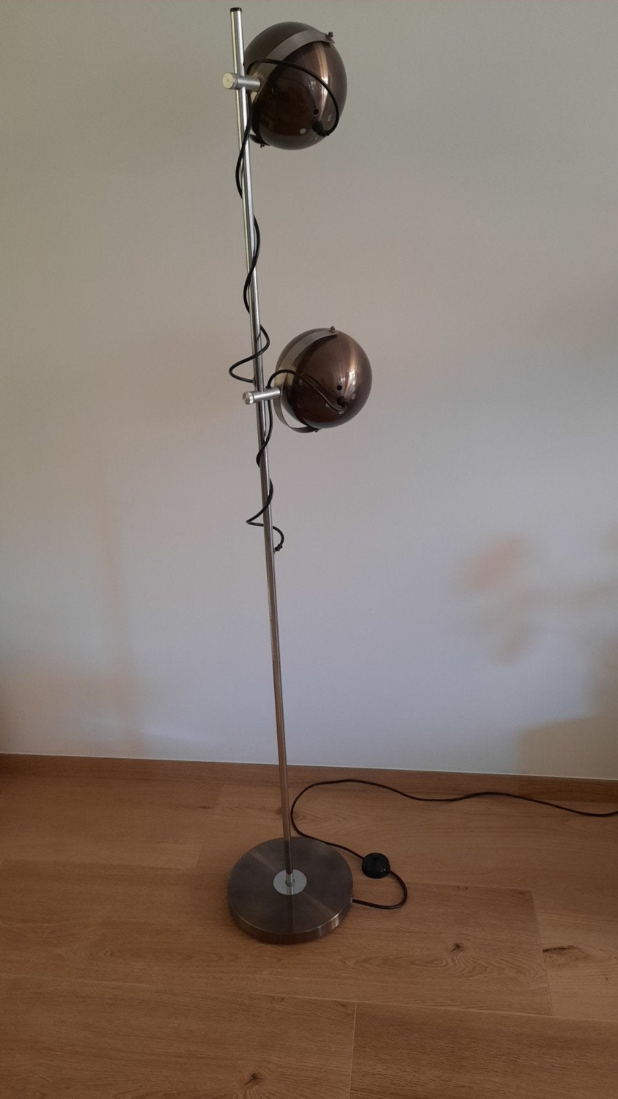 Vintage Vloerlamp met Twee Bolle Spots - Chroom/Brons, Ophalen, Gebruikt, E27 (groot), Vintage, Retro, Industrieel