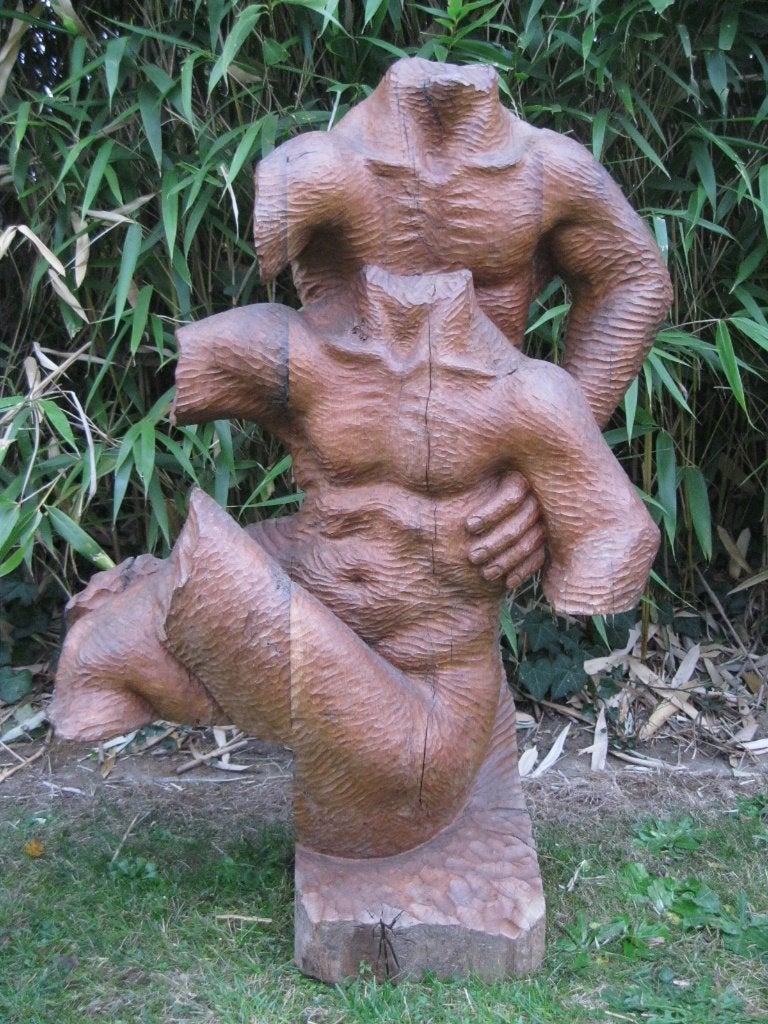 Groot eikenhouten beeld E. Van Rooy, Antiek en Kunst, Ophalen, Groep mensen, Buste, 50 - 100 cm