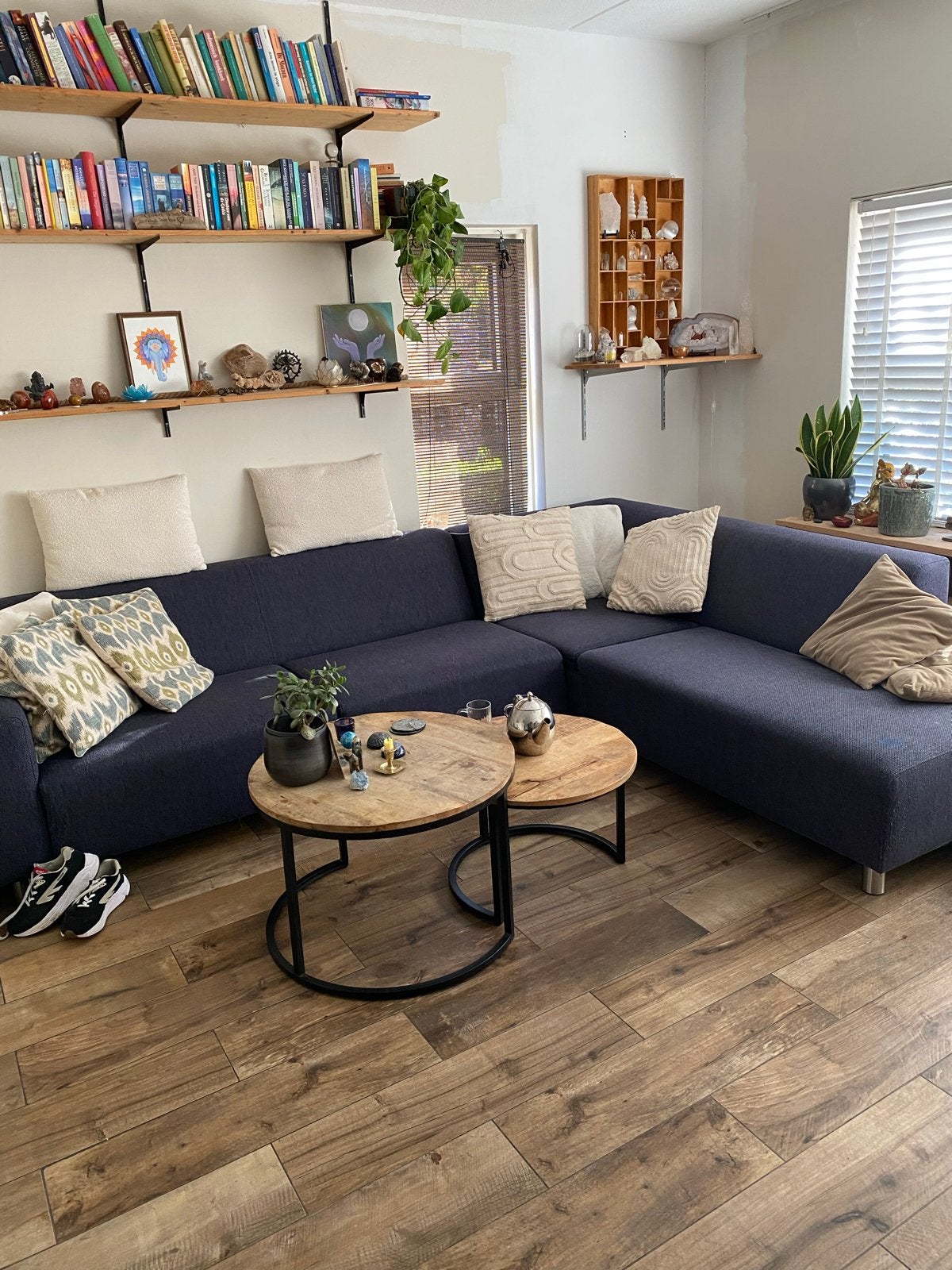 Comfortabele donkerblauwe hoekbank, Huis en Inrichting, Ophalen, Gebruikt, Hoekbank, 300 cm of meer