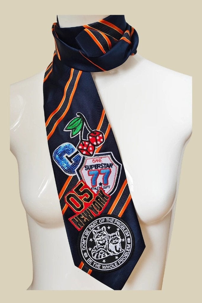 Vintage stropdas met patches – unieke statement das – retro, Kleding | Dames, Vintage Dressing, Verzenden, Zo goed als nieuw, Meerkleurig
