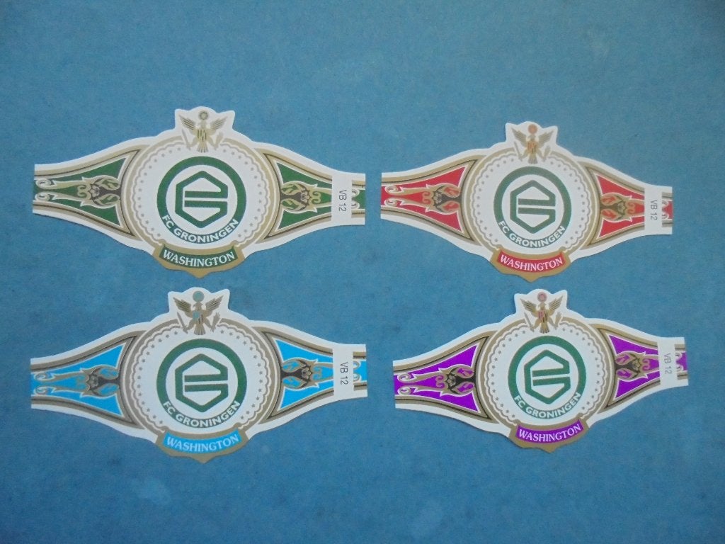 4 oude sigarenbanden WASHINGTON voetbalclub FC Groningen, Verzamelen, Ophalen of Verzenden, Zo goed als nieuw, Sigarenbandjes