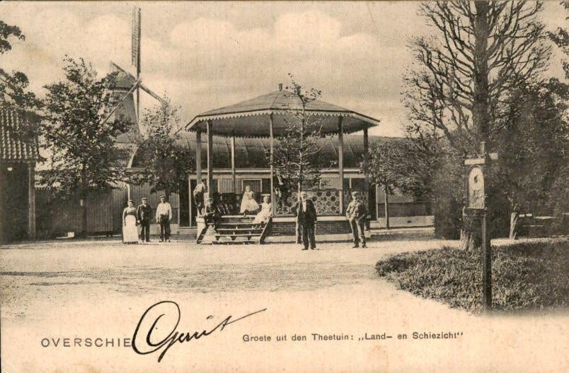 Overschie - Groete uit Theetuin Land- en Schiezicht, Ophalen of Verzenden, Voor 1920, Gelopen, Zuid-Holland