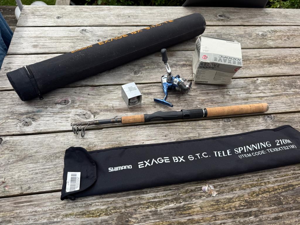 Shimano Exage BX STC Tele Spinning 210m met Nexave 1000FC, Ophalen, Zo goed als nieuw, Werphengel
