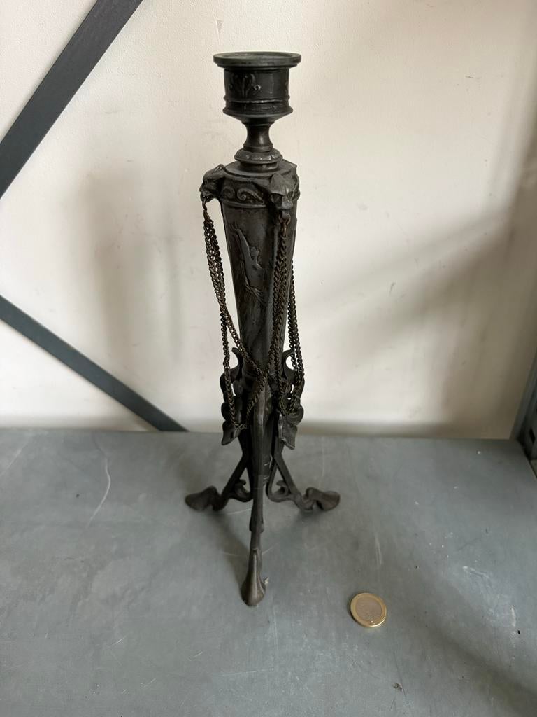 Art Nouveau Tinnen Kandelaar met Vrouwfiguur, Antiek en Kunst, Ophalen, Overige materialen