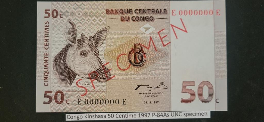 Congo Kinshasa 50 Centime 1997 P-84AS UNC specimen, Postzegels en Munten, Bankbiljetten | Azië, Ophalen of Verzenden