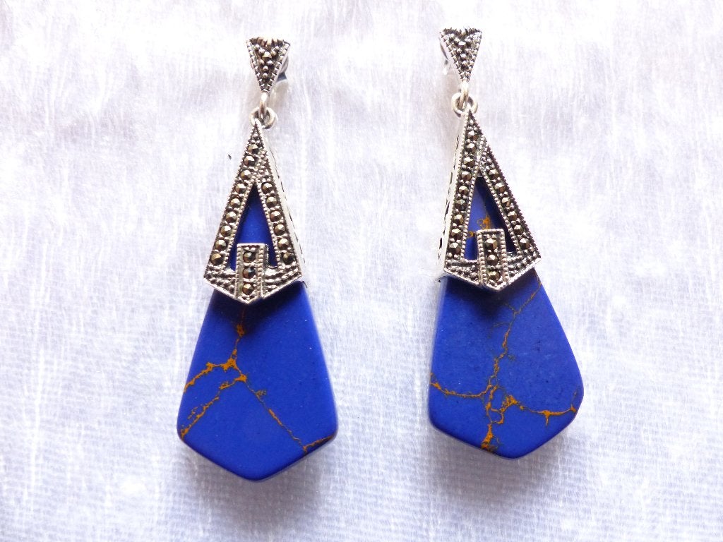 Mooie Zilveren Art Deco Set met Markesietjes en blauw geader, Sieraden, Tassen en Uiterlijk, Antieke sieraden, Verzenden, Zilver