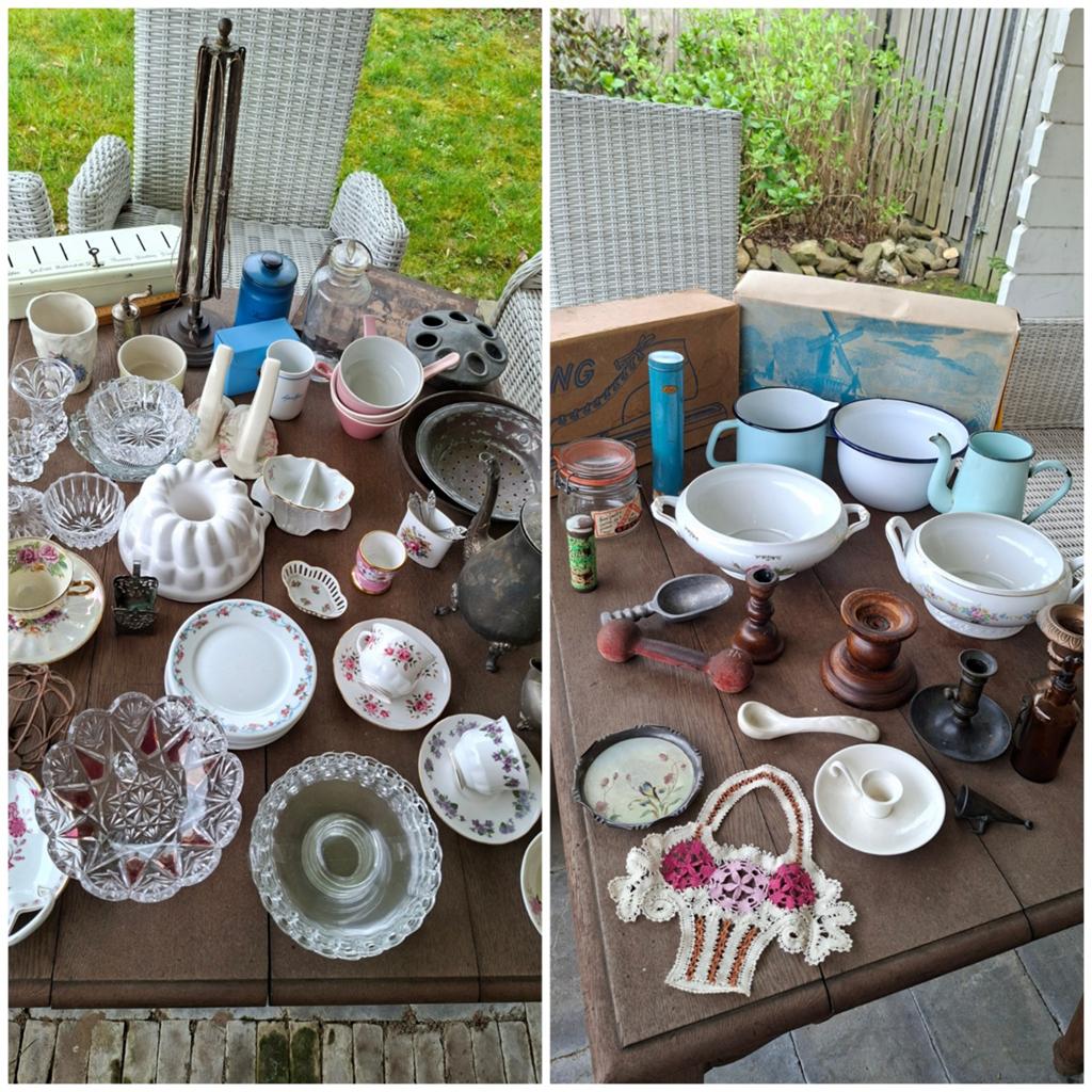 Antiek brocante koningsdagmarkt rommelmarkt spullen 83 stuks, Ophalen