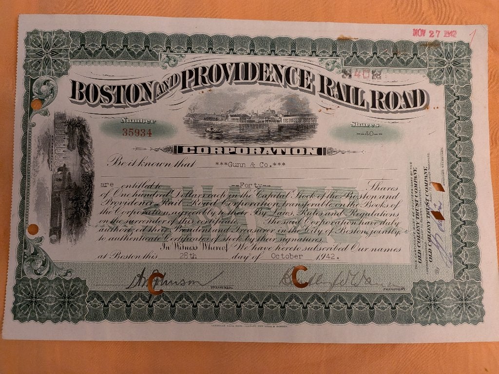 Historisch document Boston & Providence Railroad 1942, Ophalen of Verzenden, 1920 tot 1950, Aandeel