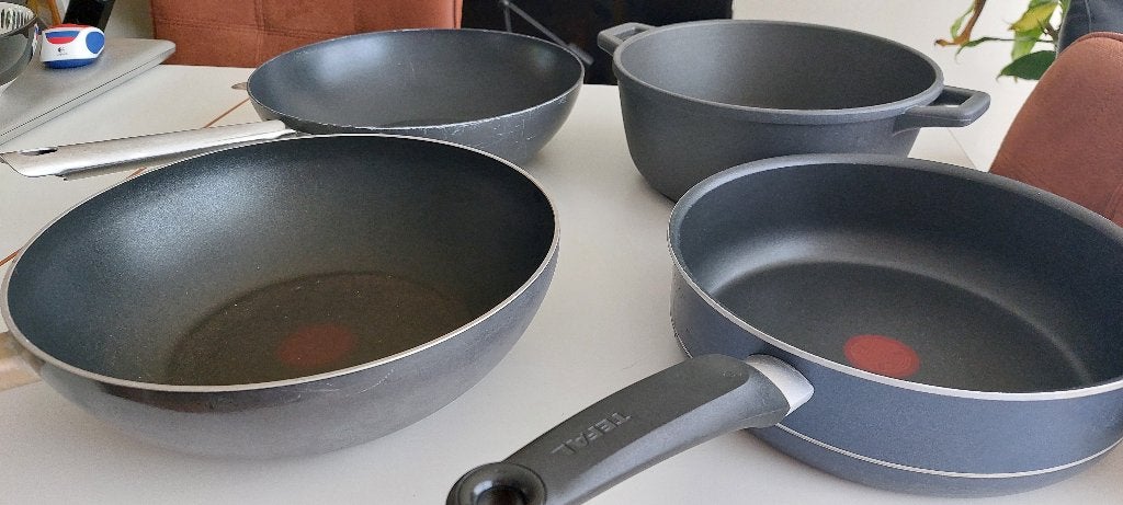 4 pannen wok hapjespan topf, Pannenset, Ophalen of Verzenden, Gebruikt, Tefal