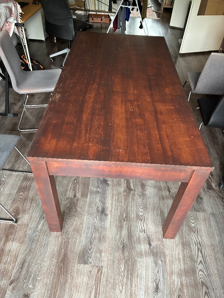Massief grenen gebeitste eettafel met la, Ophalen, Gebruikt, Grenen, 50 tot 100 cm
