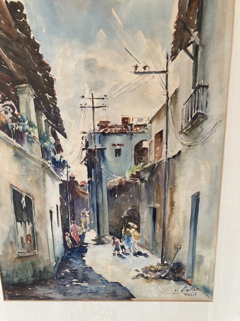 originele aquarel Jaime Oates, straatbeeld Taxco, Mexico, Antiek en Kunst, Ophalen of Verzenden