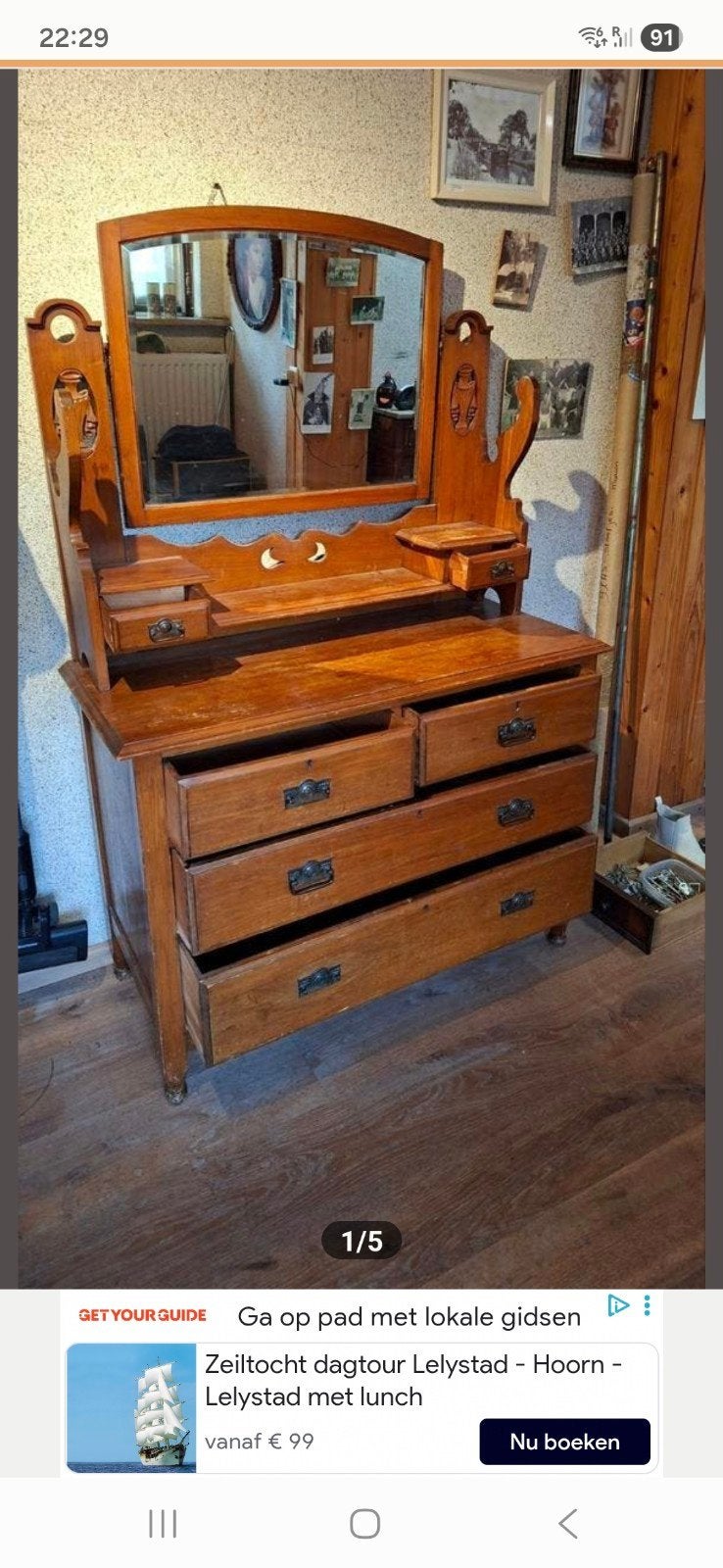Antieke houten kaptafel met spiegel en lades, Ophalen