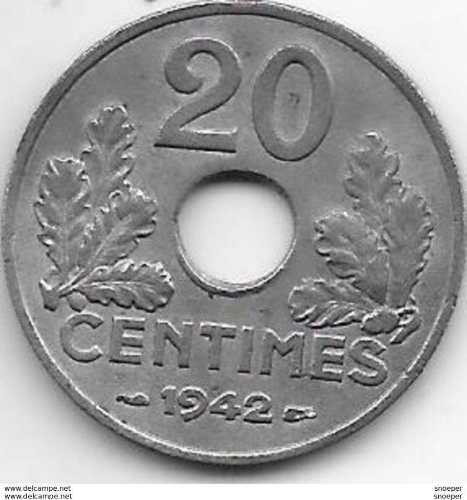 france 20 centimes 1942 km 900.1 xf+, Ophalen of Verzenden, Frankrijk, Losse munt