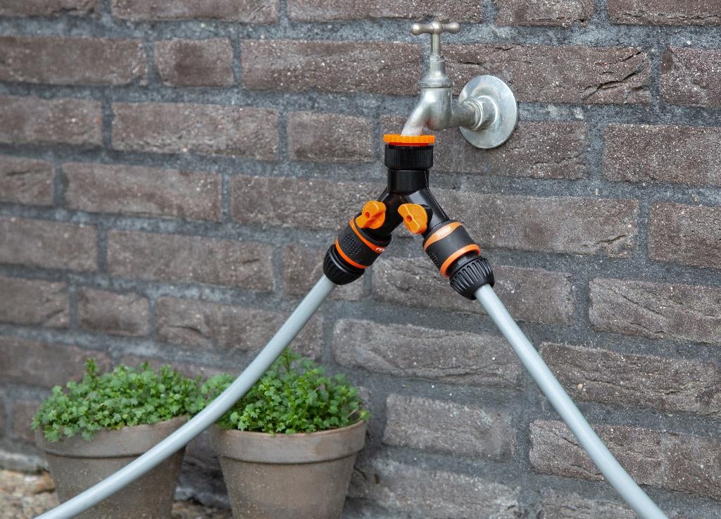 tuinslangsplitter met snelkoppelingen kraanverloop en koppel, Tuin en Terras, Tuinslangen, Zo goed als nieuw, Tuinslangkoppeling