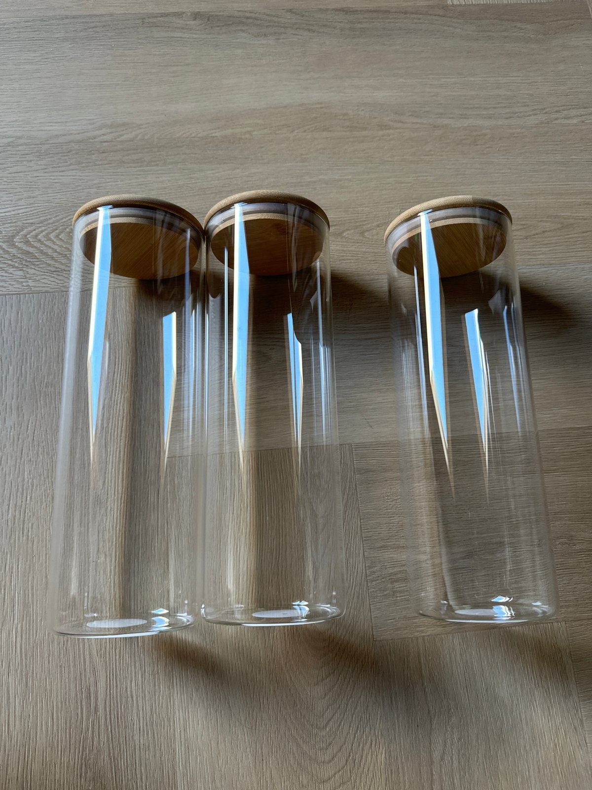 Set van 3 glazen voorraadpotten met bamboe deksel, Huis en Inrichting, Ophalen, Glas, Zo goed als nieuw, Voorraadpot