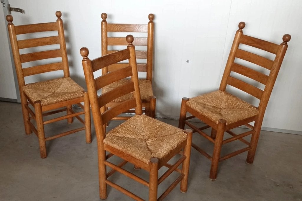 Set van 4 vintage eiken en riet stoelen eetkamerstoelen, Ophalen, Tweedehands, Bruin, Tweedehands